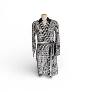 CATO Black and White Geometric Print Long Sleeve Faux Wrap Dress